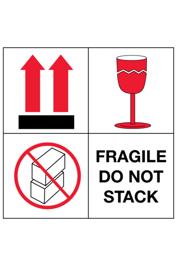 4 x 4 fragile do not stack boxes arrows broken glass label 500 per roll