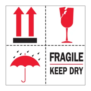 4 x 4" - "Fragile - Keep Dry" (Arrows | Broken Glass | Umbrella) Labels (500/roll)