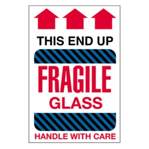 4 x 6" This End Up Fragile Glass Handle with Care (Black-Blue Stripes/Arrows) Label 500' per roll