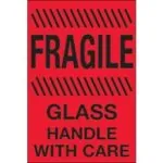 4 x 6" - "Fragile - Glass - Handle With Care" (Fluorescent Red) Labels (500/roll)