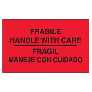 3 x 5" - "Fragil - Maneje Con Cuidado" (Fluorescent Red) Bilingual Labels (500/roll)